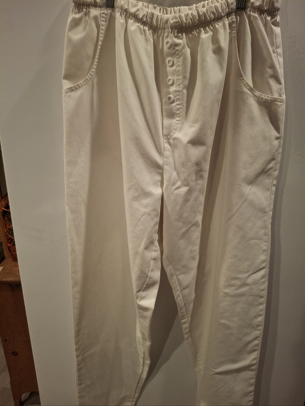 Angelica Cream Elastic-Waist Button-Front Scrub Pants